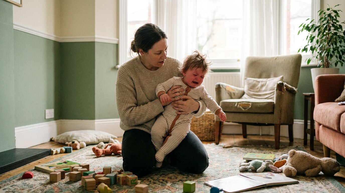 A worn-out mother trying to soothe a toddler who is mid-meltdown, red-faced and crying