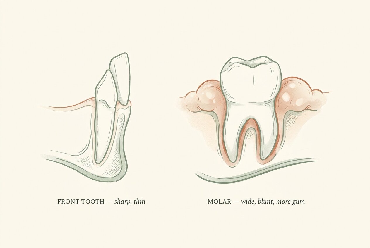 Diagram comparing a wide, flat molar pushing through a large area of gum to a narrow, sharp front tooth