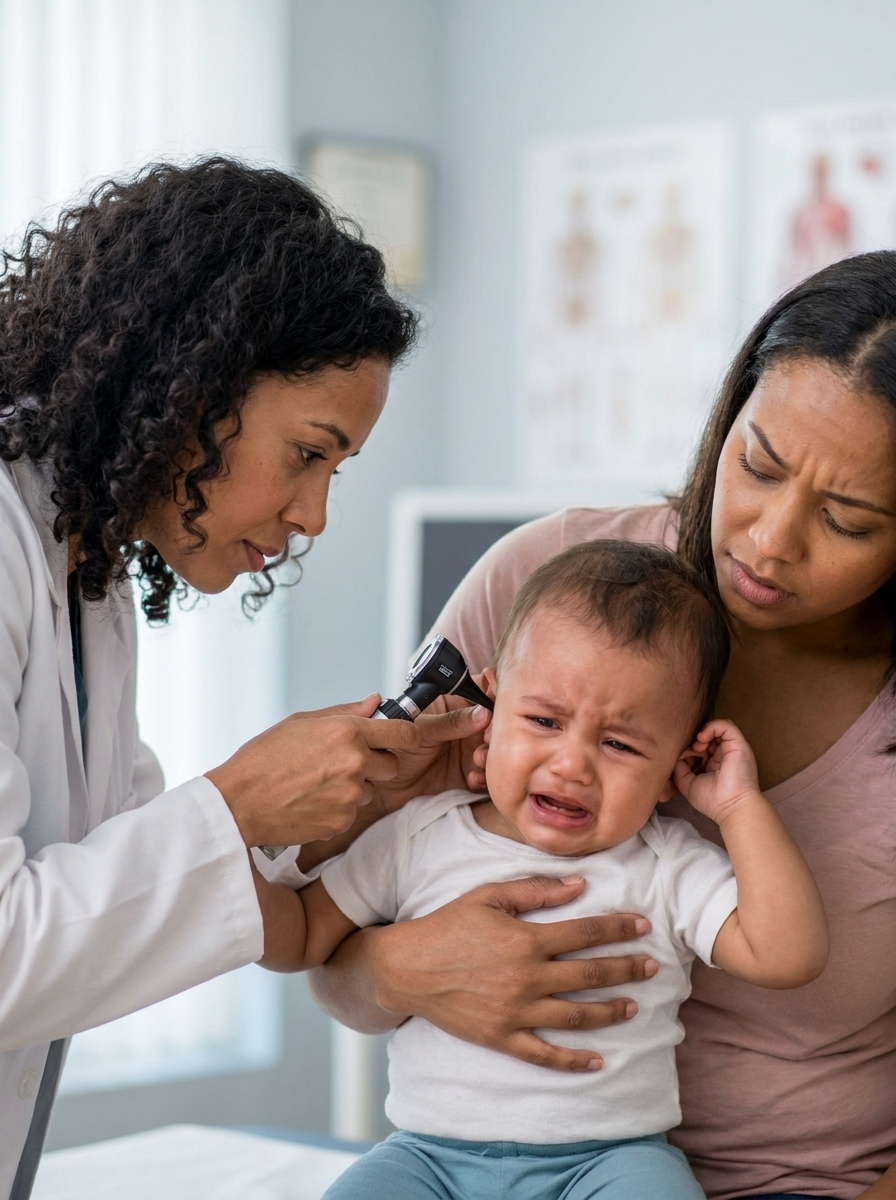 A pediatrician checking a crying baby's ear with an otoscope while the worried mother holds the baby