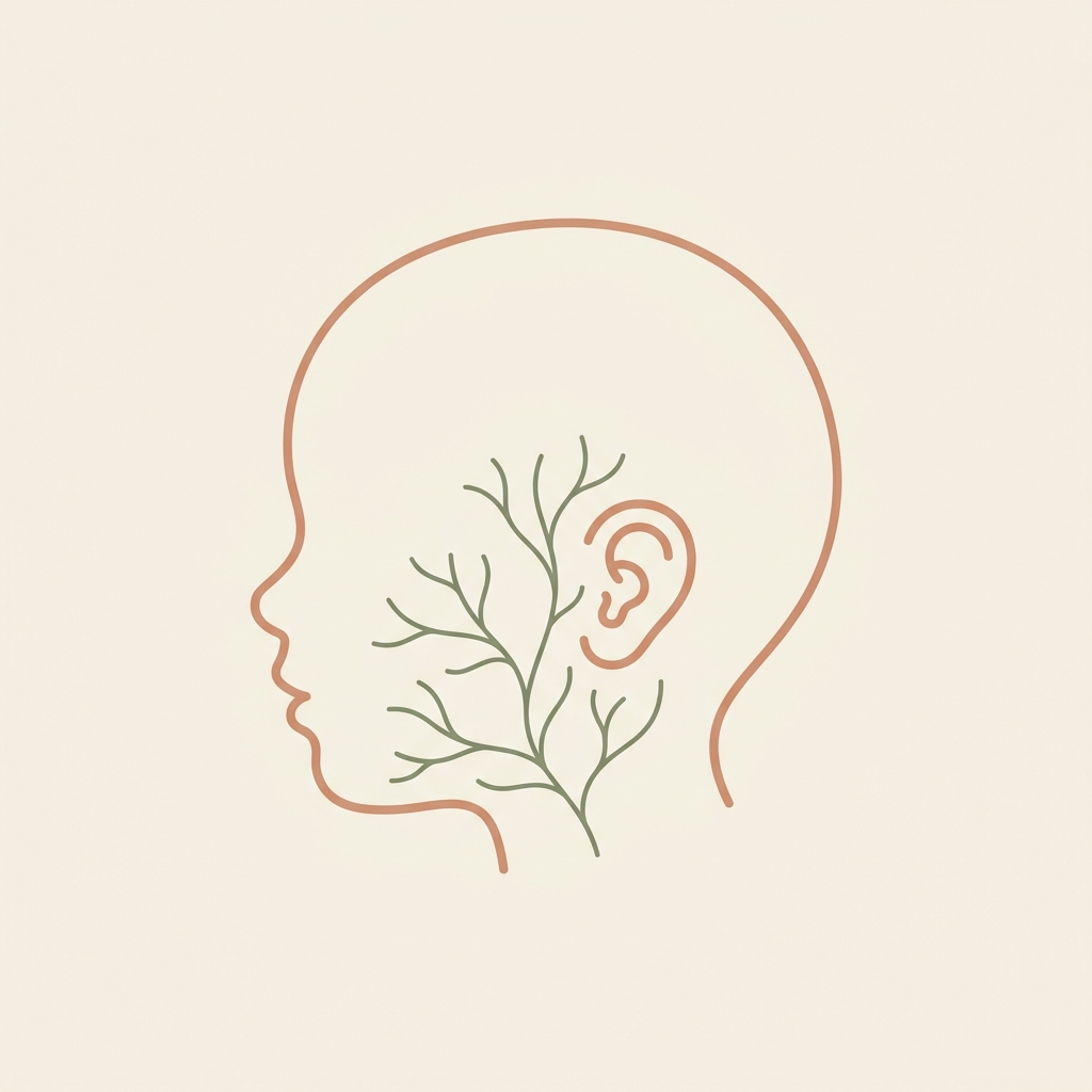 A baby's head with the nerve path to the ear