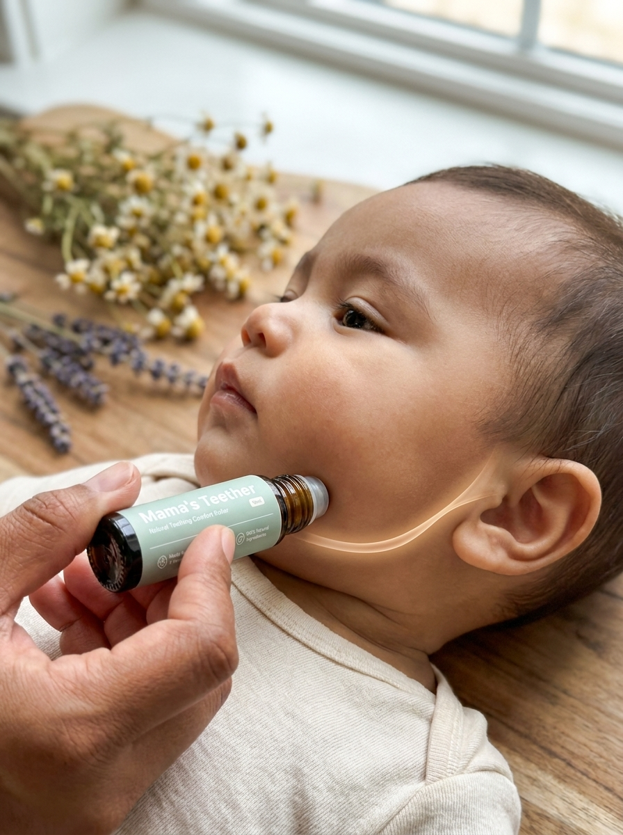A parent rolling Mama's Teether along a calm baby's jawline, just below the ear