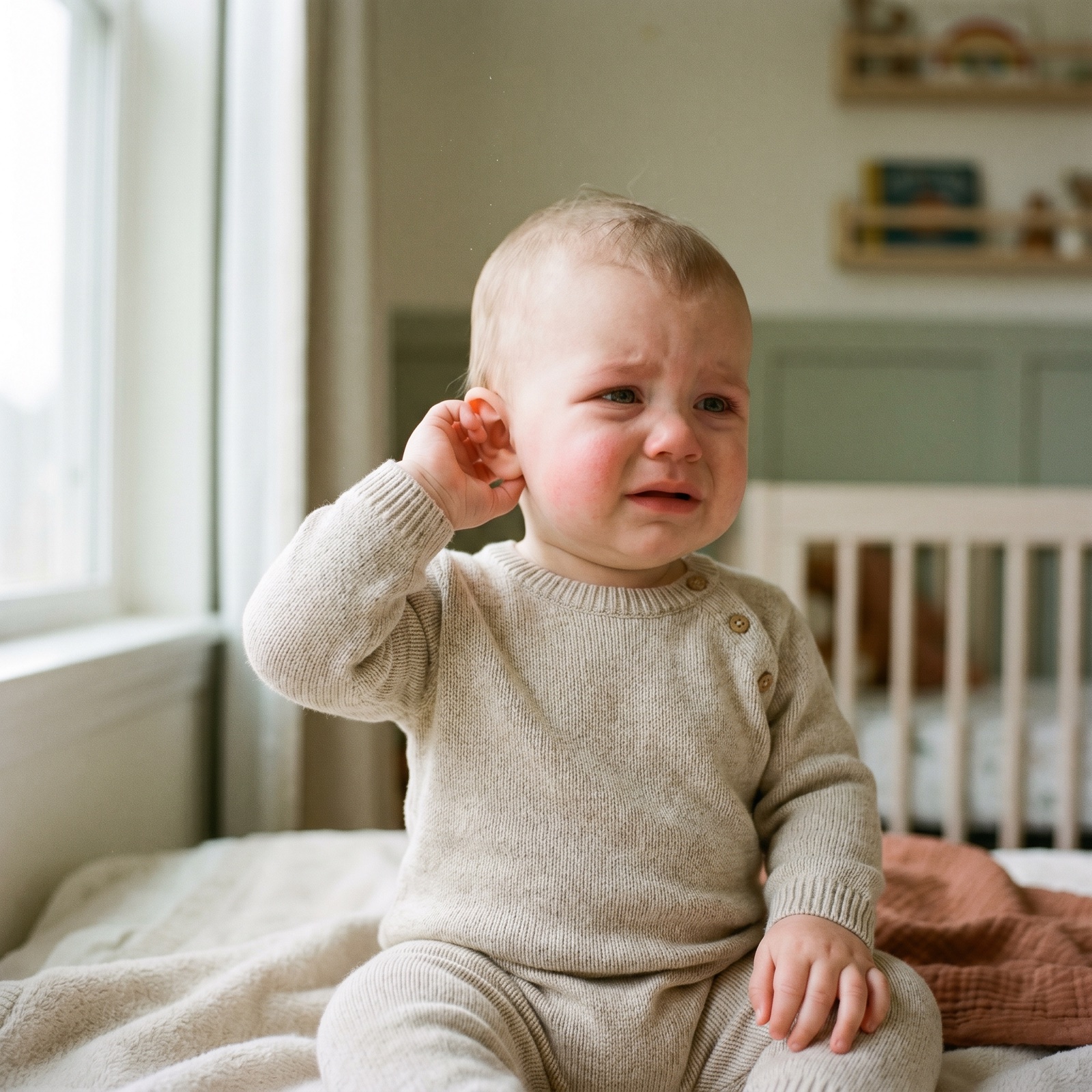 A baby pulling at one ear, cheek flushed, crying