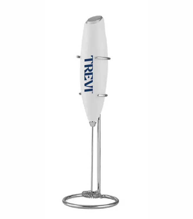 A white Trevi handheld milk frother standing in its chrome-colored metal holder against a white background.