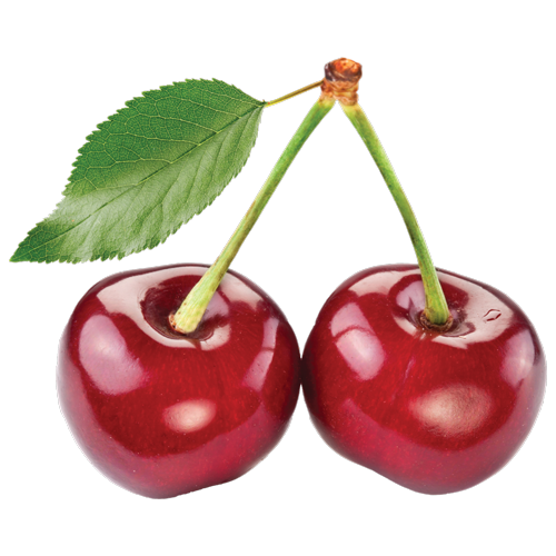 Two red cherries with a green leaf on a black background.