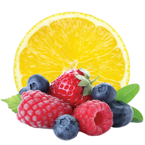 Assorted berries and a lemon slice on a black background.