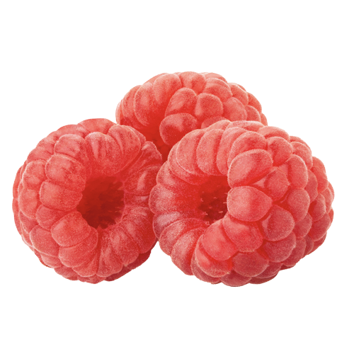 Three fresh raspberries with a white background.
