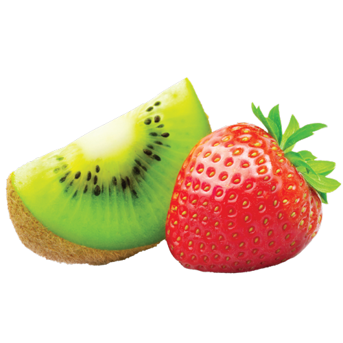 A slice of kiwi and a whole strawberry on a black background.