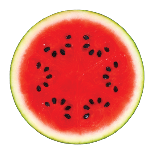 A slice of watermelon with seeds, showing red flesh and green rind.