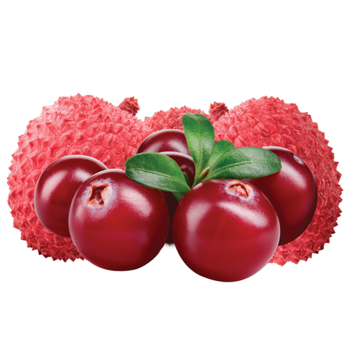 Red lychees and cranberries with green leaves on a white background.