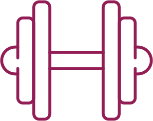 Simple line drawing of a dumbbell in maroon color.