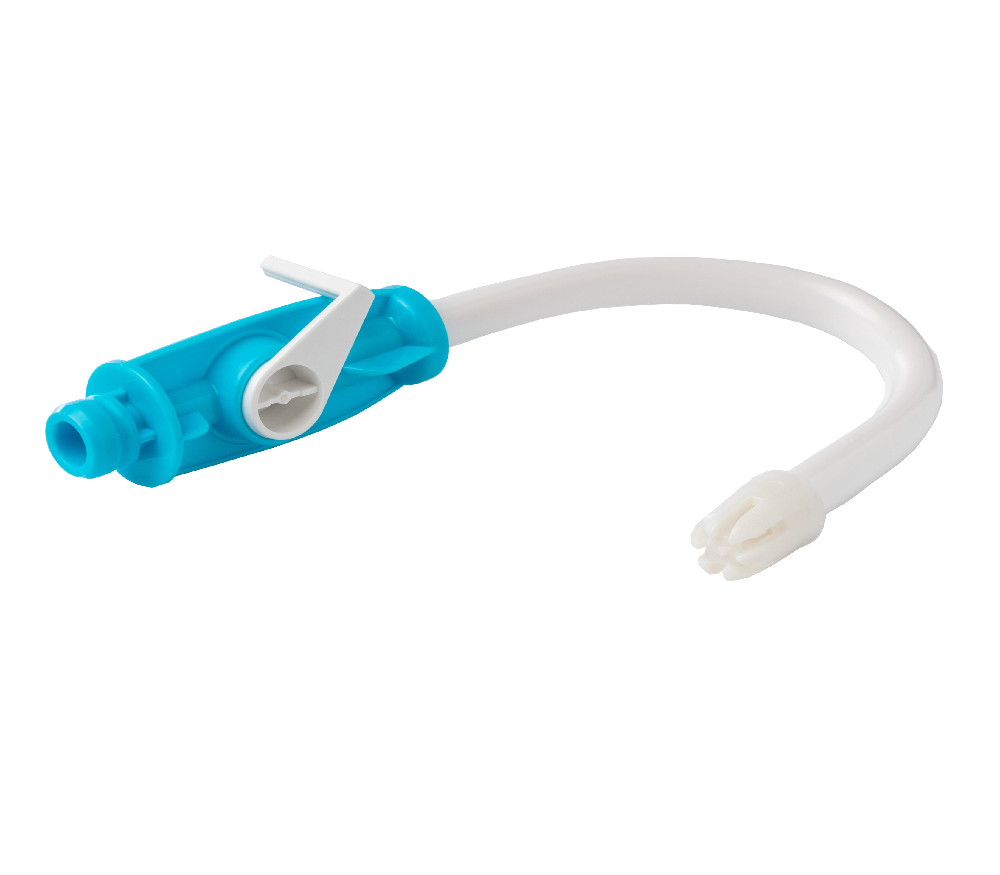 Blue and white plastic tube with a valve and connector.