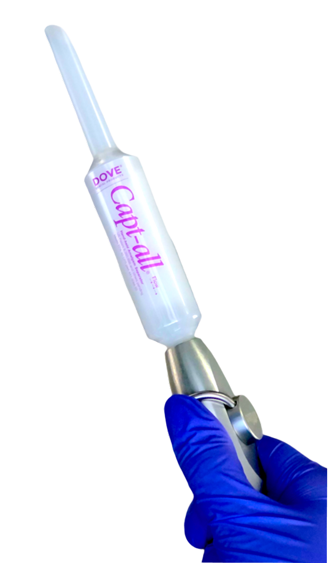 Gloved hand holding Dove Capt-all laboratory pipette.