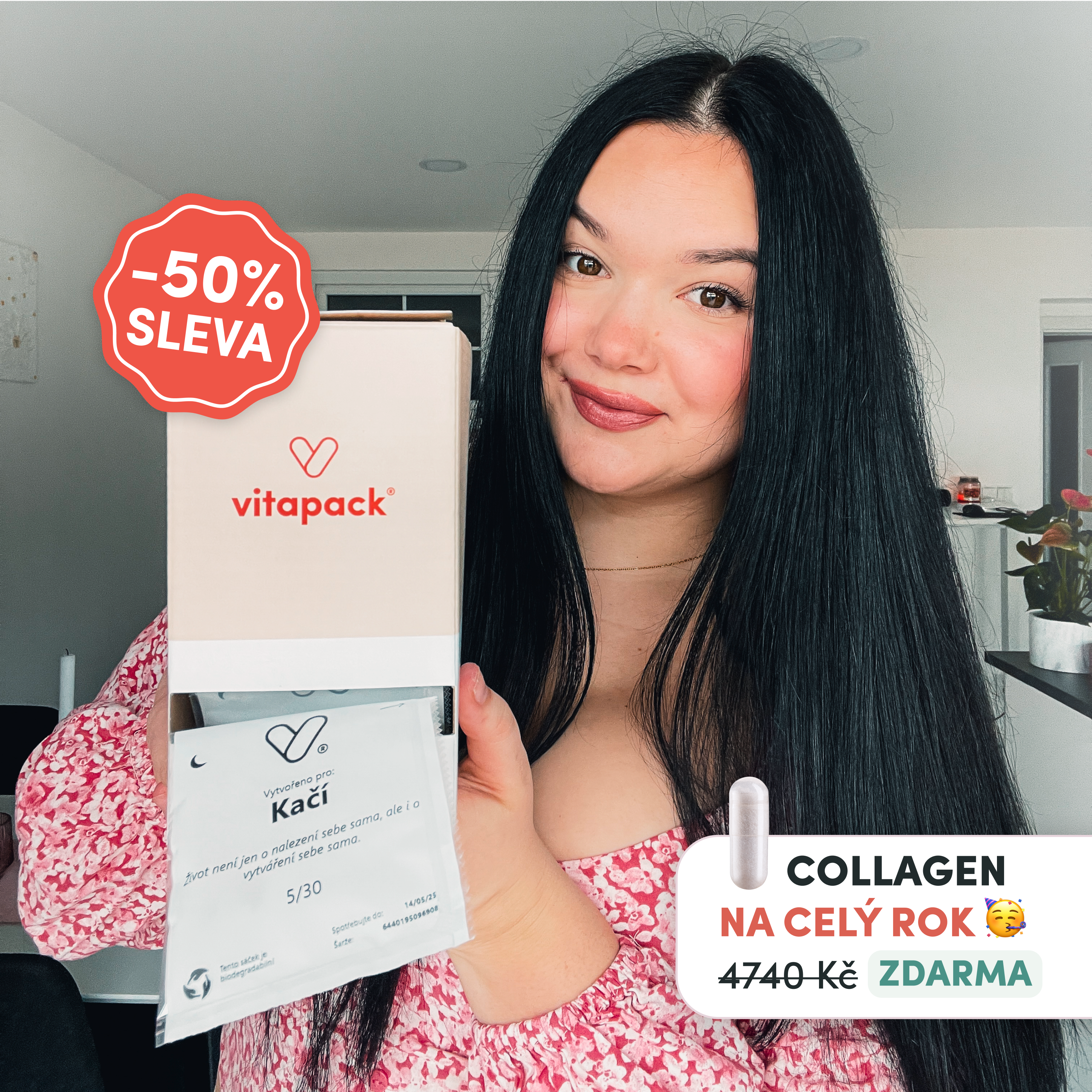 A person holding a Vitapack product with a 50% discount highlighted.