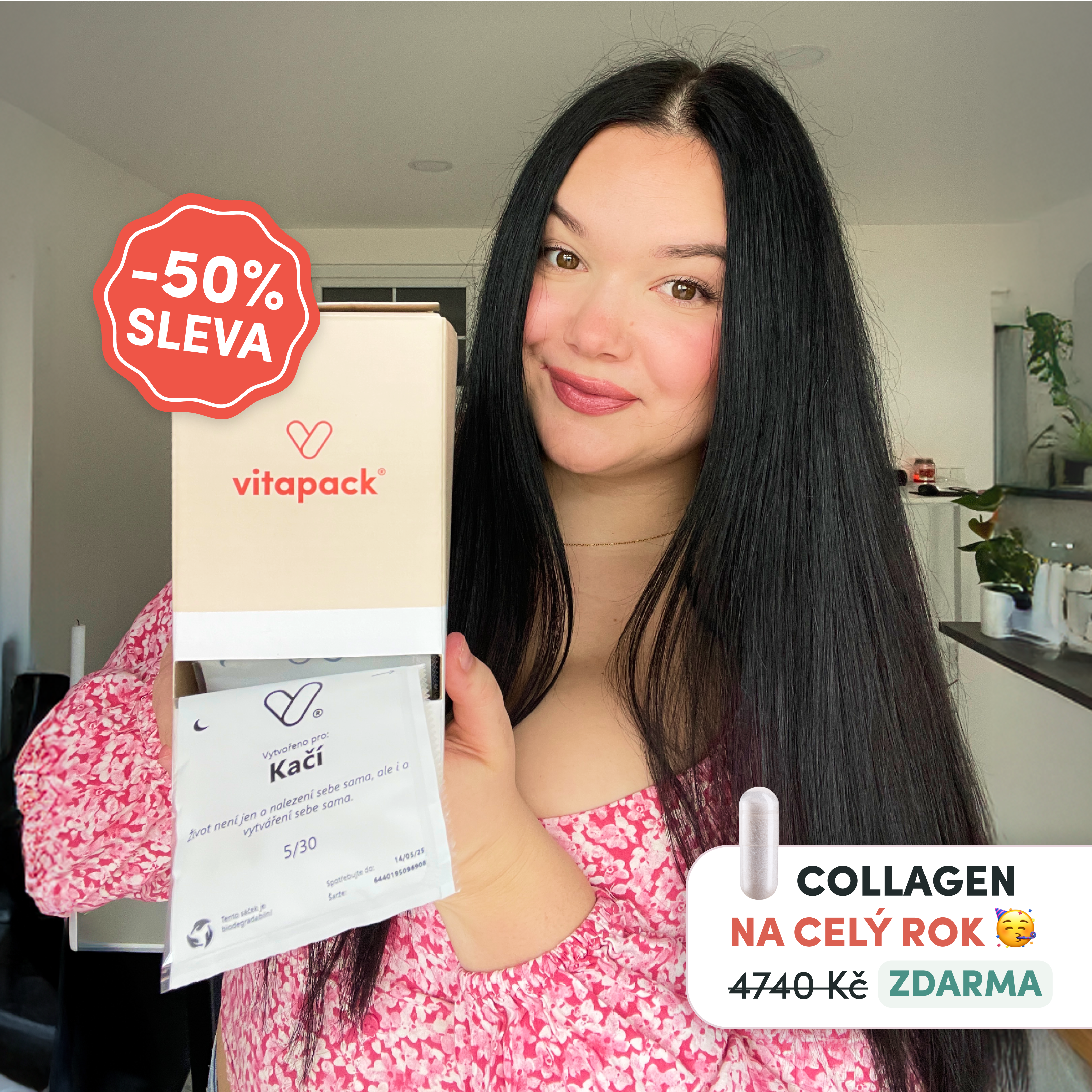 Woman holding a Vitapack box with promotional discount text.