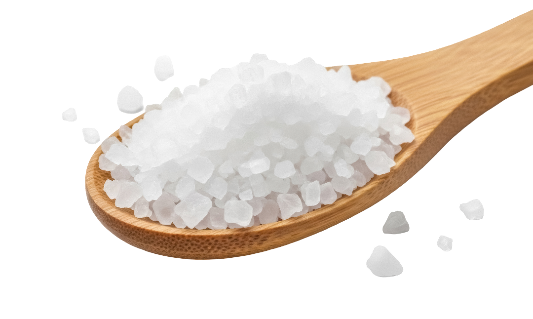A close-up of a wooden spoon filled with coarse salt crystals on a black background.