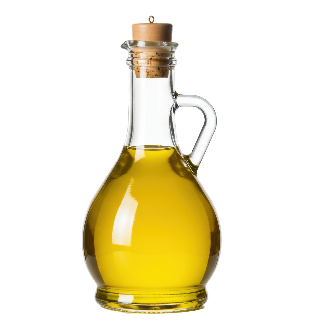 A glass cruet of olive oil with a handle and cork stopper against a black background.