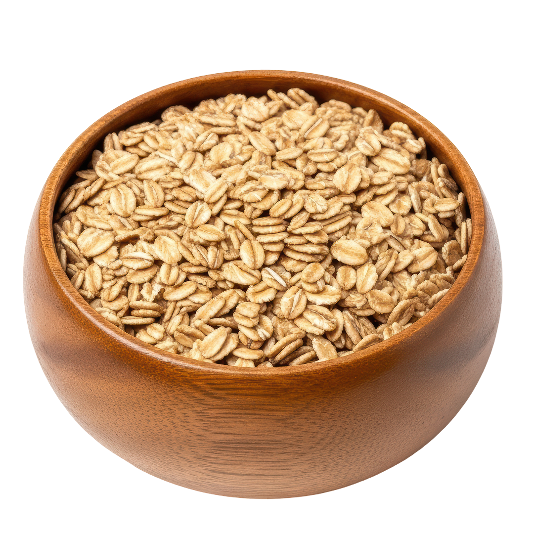 A wooden bowl filled with dry rolled oats, shown against a black background.