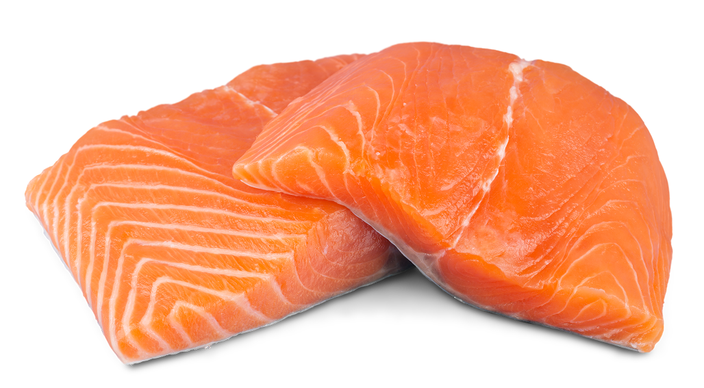 Two fresh, raw salmon fillets against a black background.