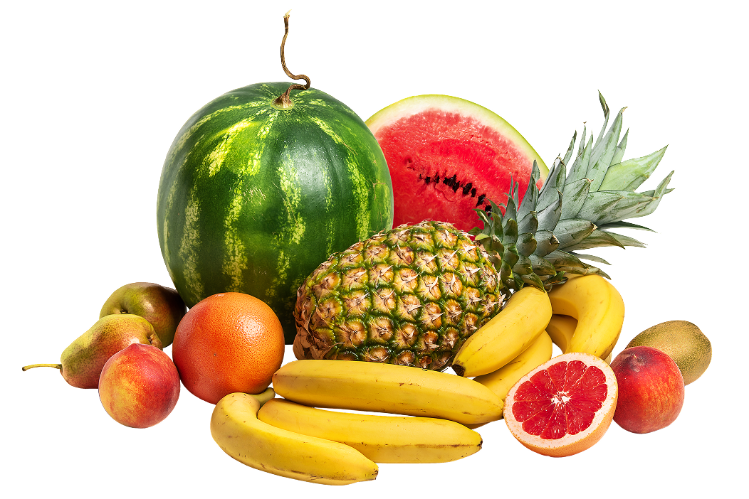 A colorful assortment of fresh fruits, including watermelon, pineapple, and bananas, against a black background.
