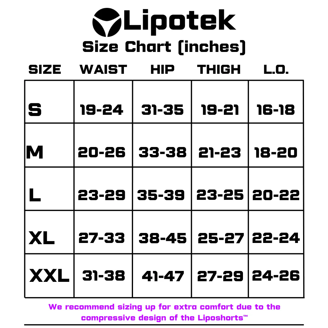 Lipotek size chart with measurements for waist, hip, thigh, and L.O. in inches.