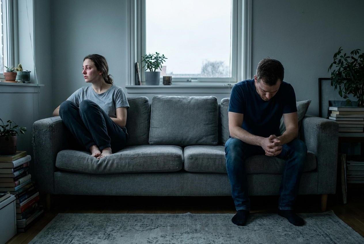 A man and a woman sit on opposite ends of a couch, looking away from each other.