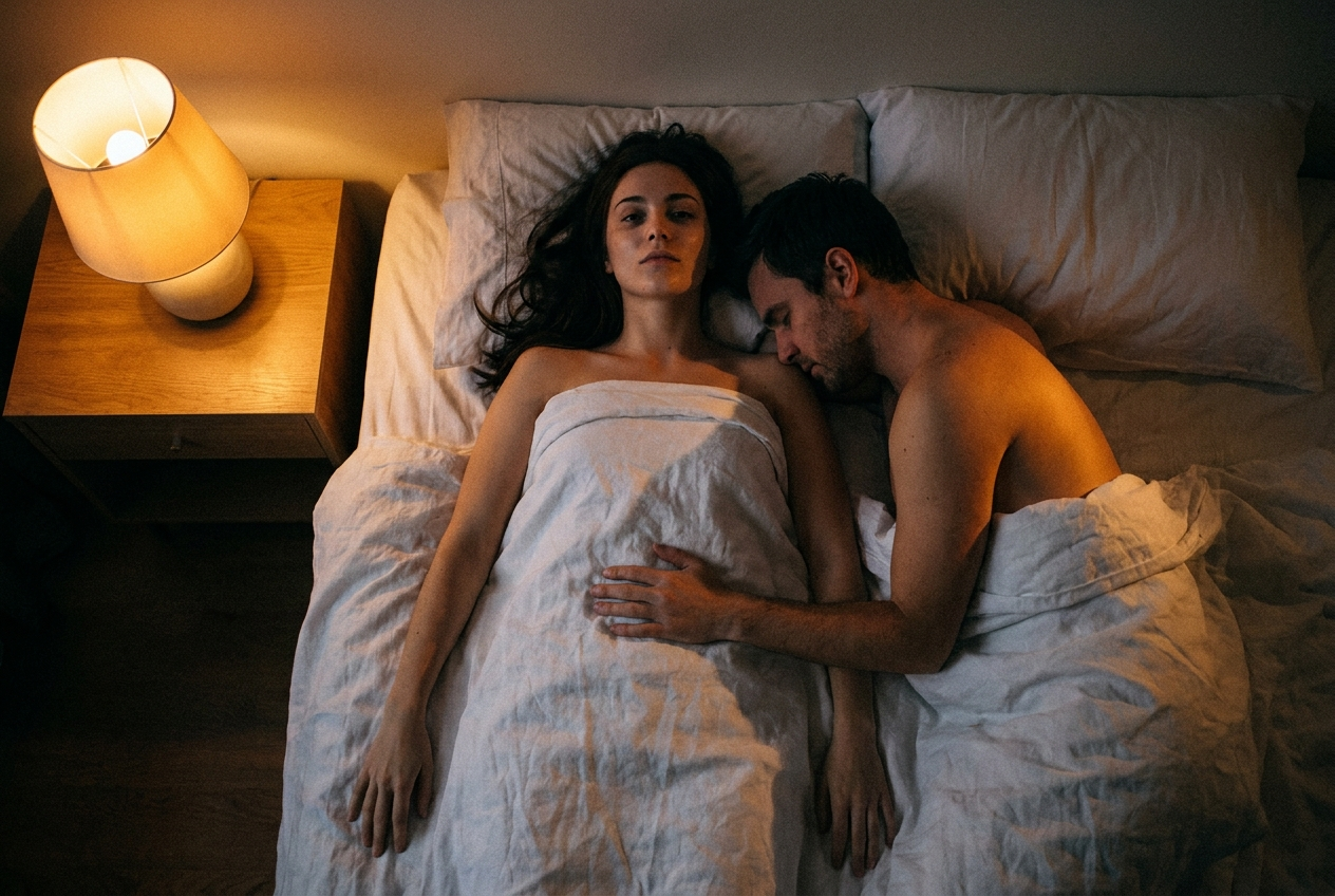 An overhead shot of a woman lying awake in bed next to a sleeping man.
