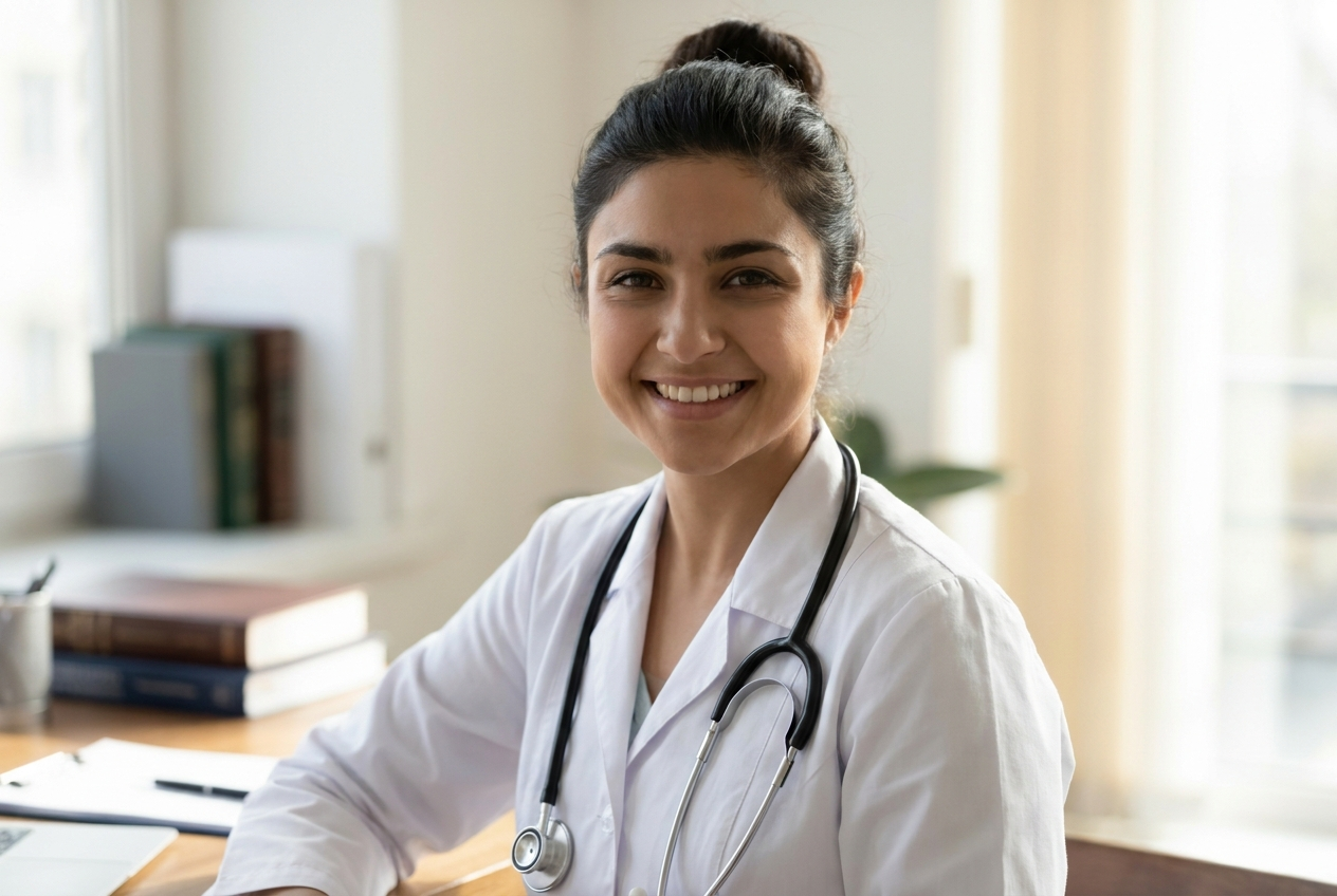 A smiling female doctor with dark hair in a bun sits at a desk wearing a stethoscope.