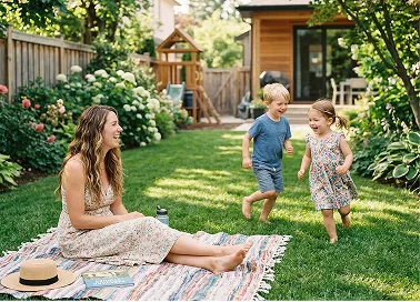 A woman on a blanket watches two small children run and laugh in a grassy backyard.