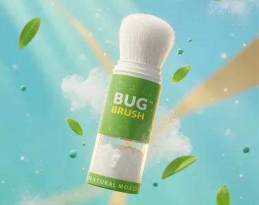 A Bug Brush natural mosquito repellent powder applicator floating against a stylized blue sky with leaves.