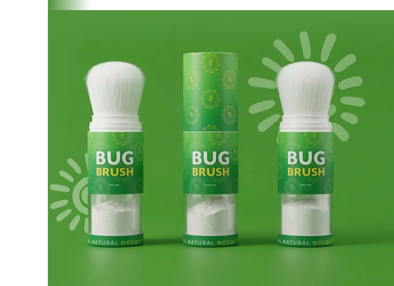 Three green containers labeled 'Bug Brush' showing a white powder and a white brush applicator.