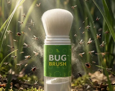 A brush labeled 'BUG BRUSH' releases powder amidst a swarm of flying insects in a grassy setting.
