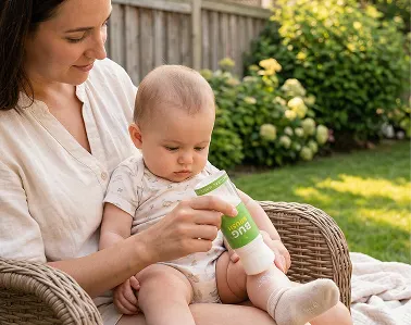 A woman sits outside in a chair holding a baby and applying bug repellent to its leg.