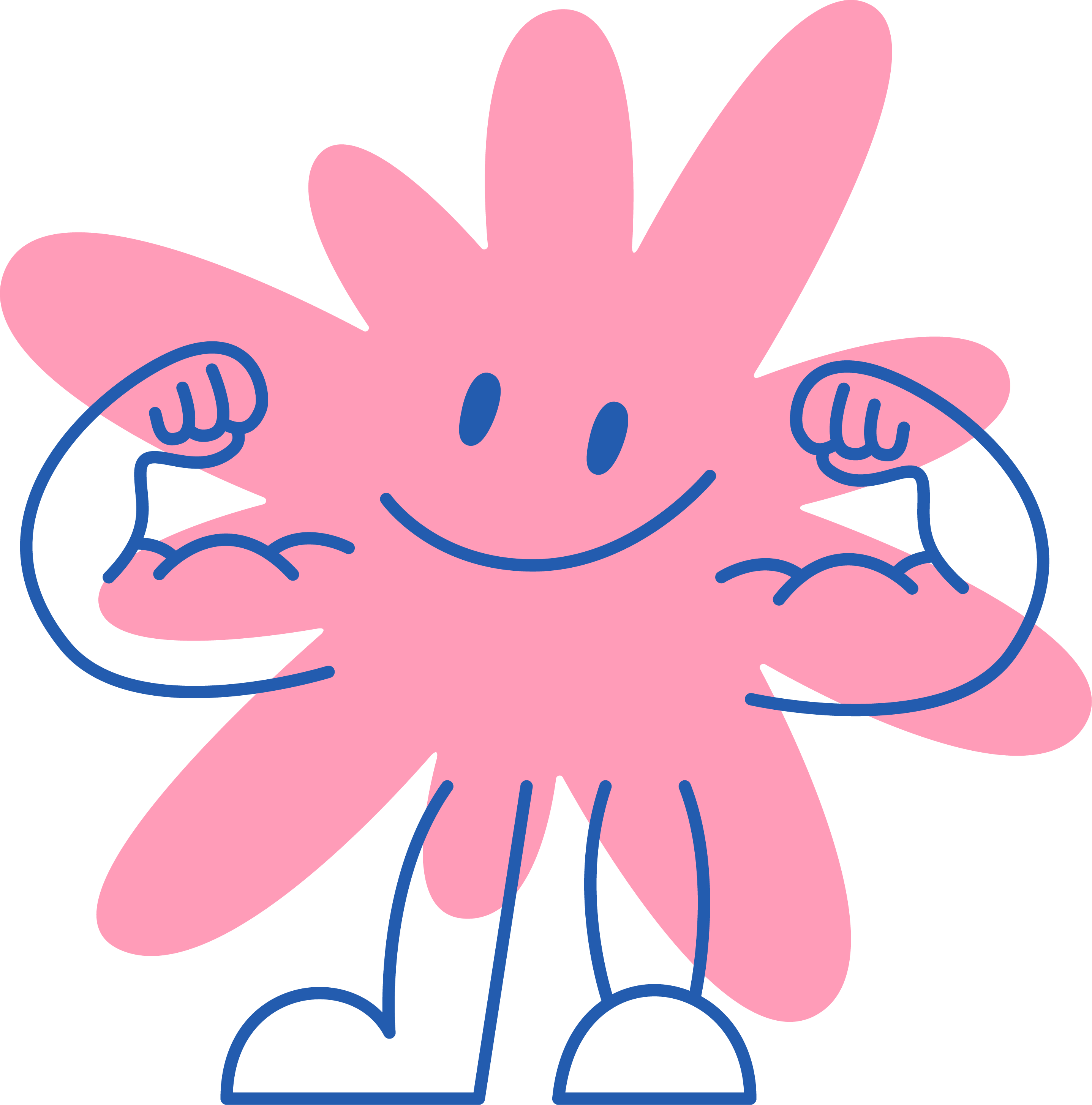 Pink star-shaped character with a smile, flexing blue outlined arms.