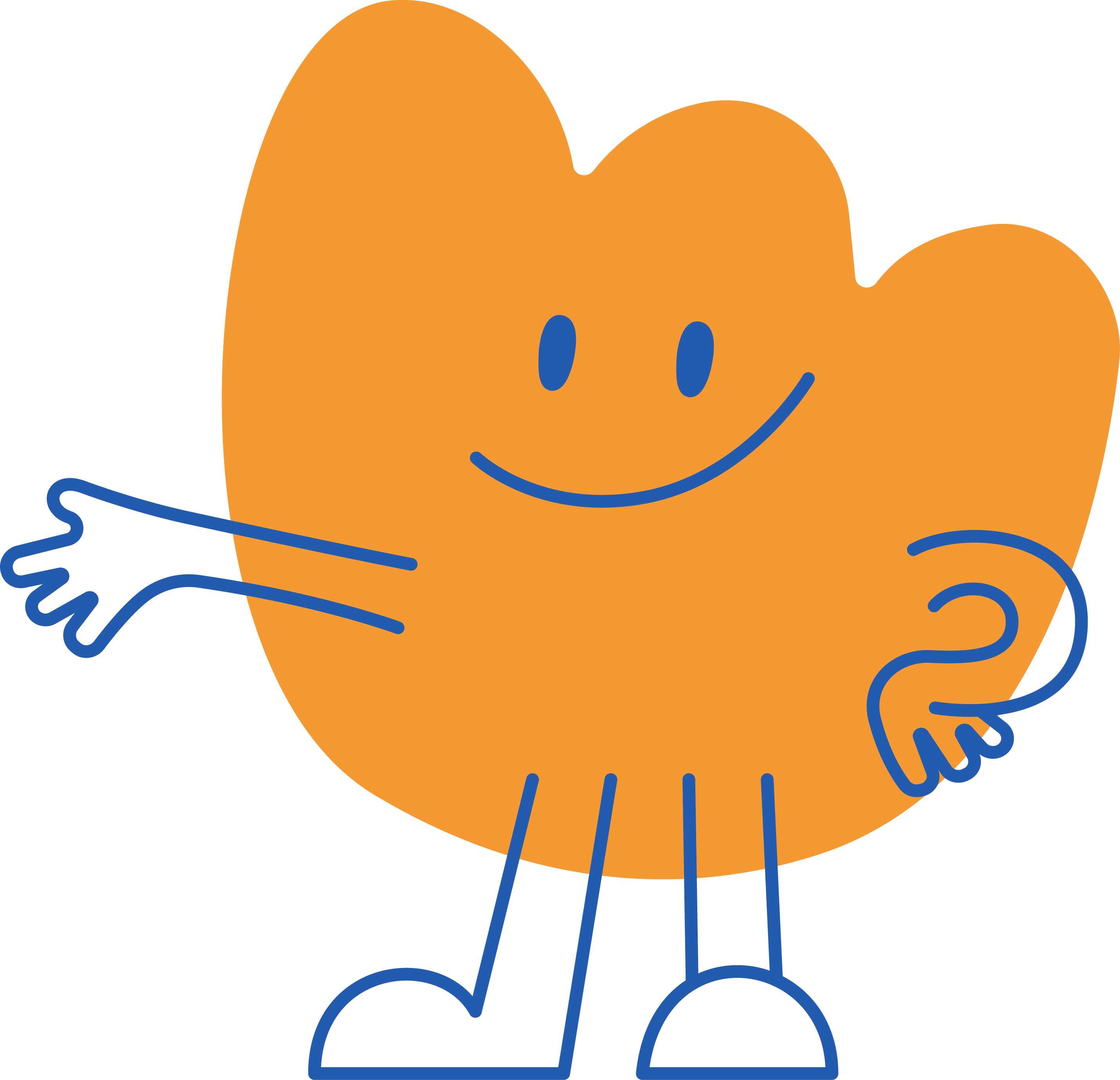 Orange cartoon character with a smiling face and blue outline.