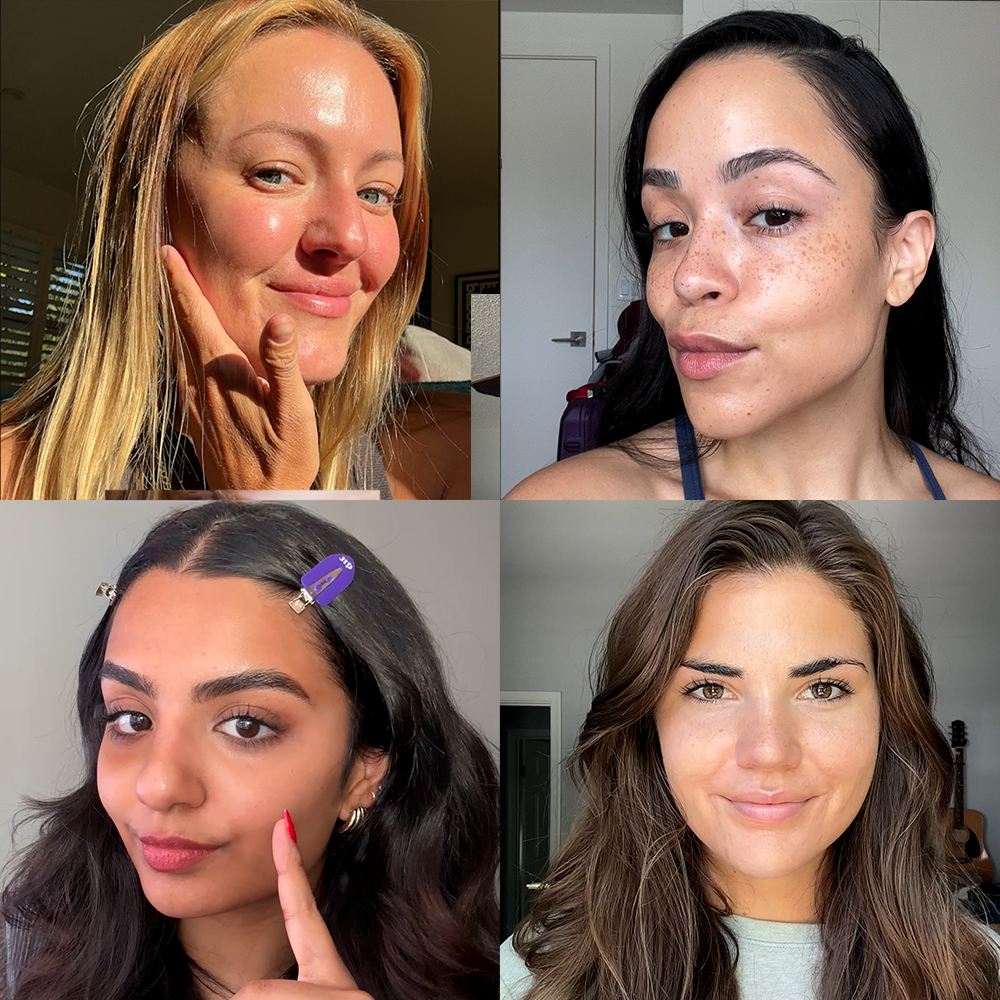 Collage of four women posing with natural makeup and different hairstyles.