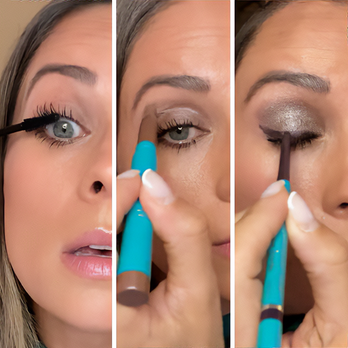 Three-panel image of a person applying eye makeup with mascara and eyeliner.