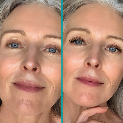 Side-by-side comparison of a woman's face before and after makeup application.