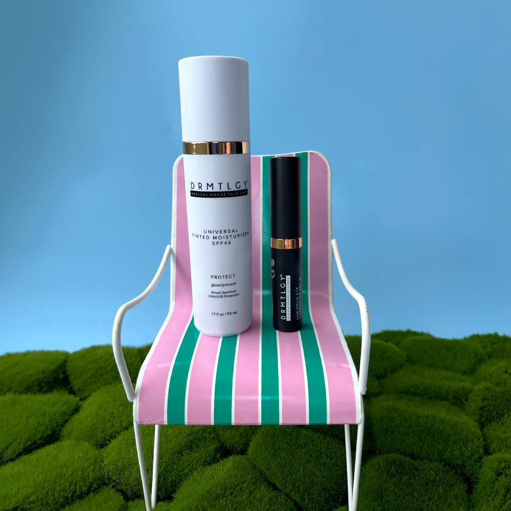 Two skincare products on a small striped chair with a blue background.
