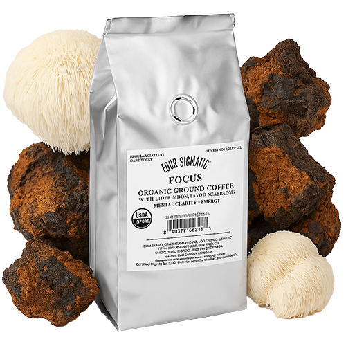 Silver coffee bag surrounded by mushrooms and dark rocks.
