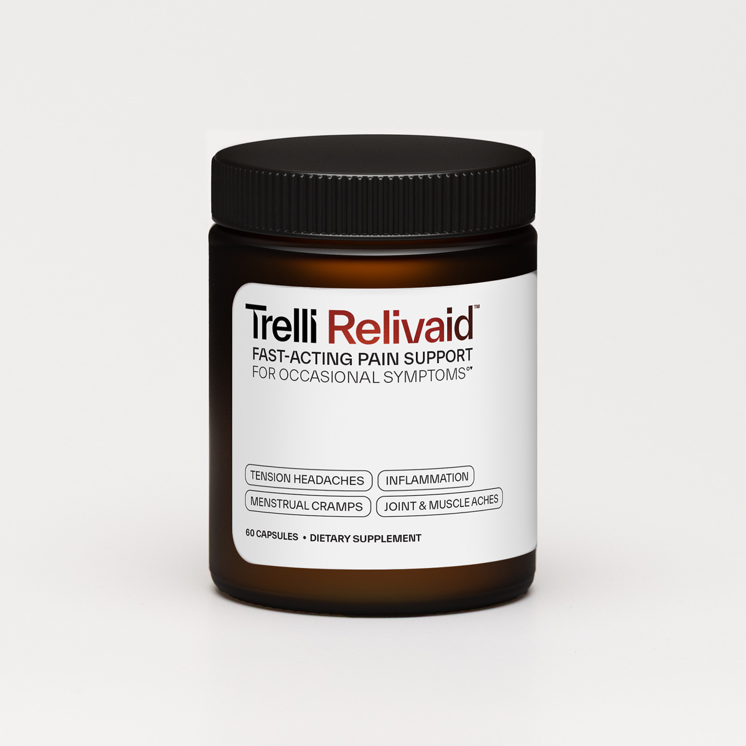 An amber glass bottle of Trelli Relivaid, a dietary supplement for fast-acting pain support, on a white background.