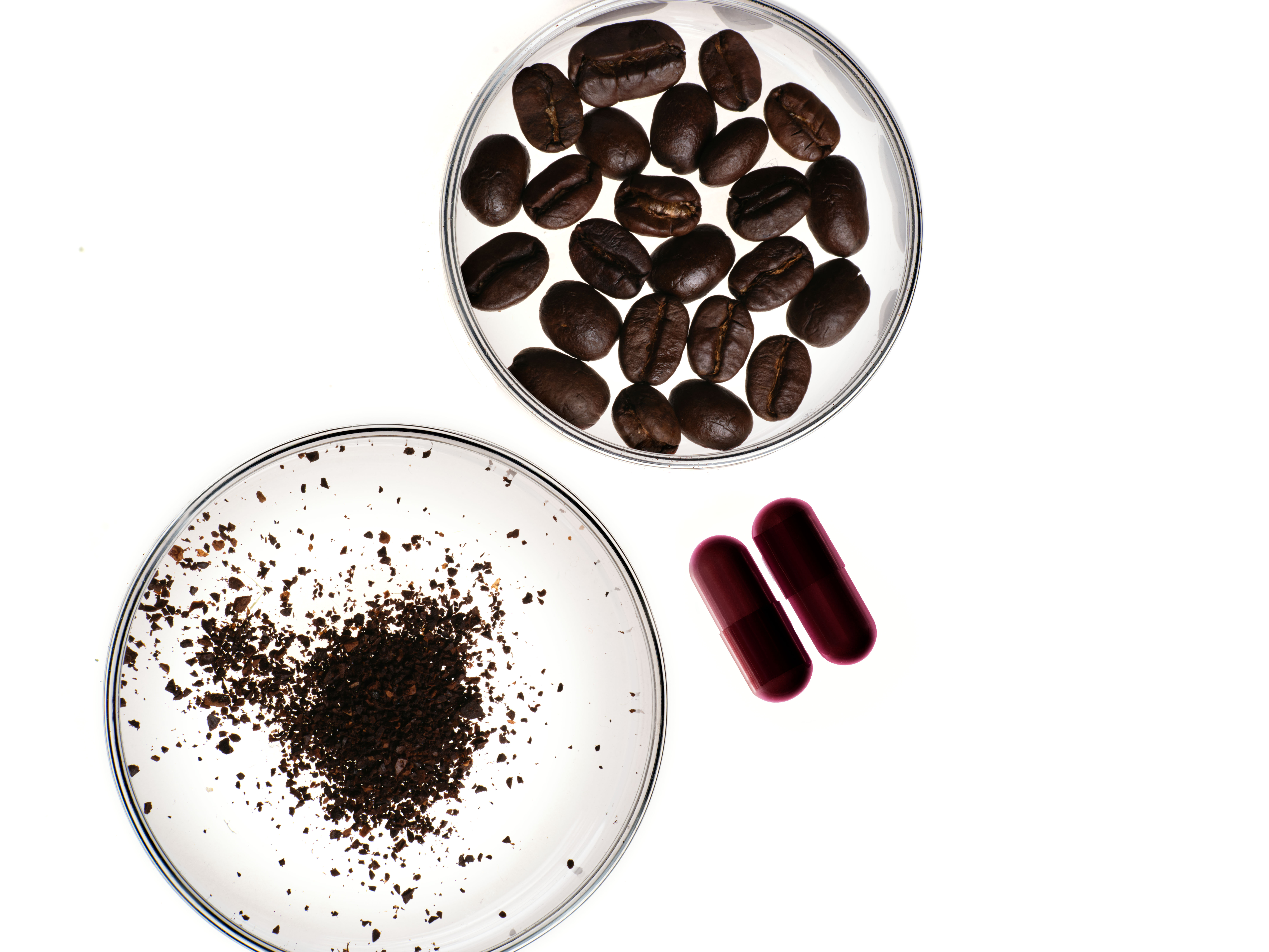 Overhead view of coffee beans, ground coffee in petri dishes, and two capsules on a white background.