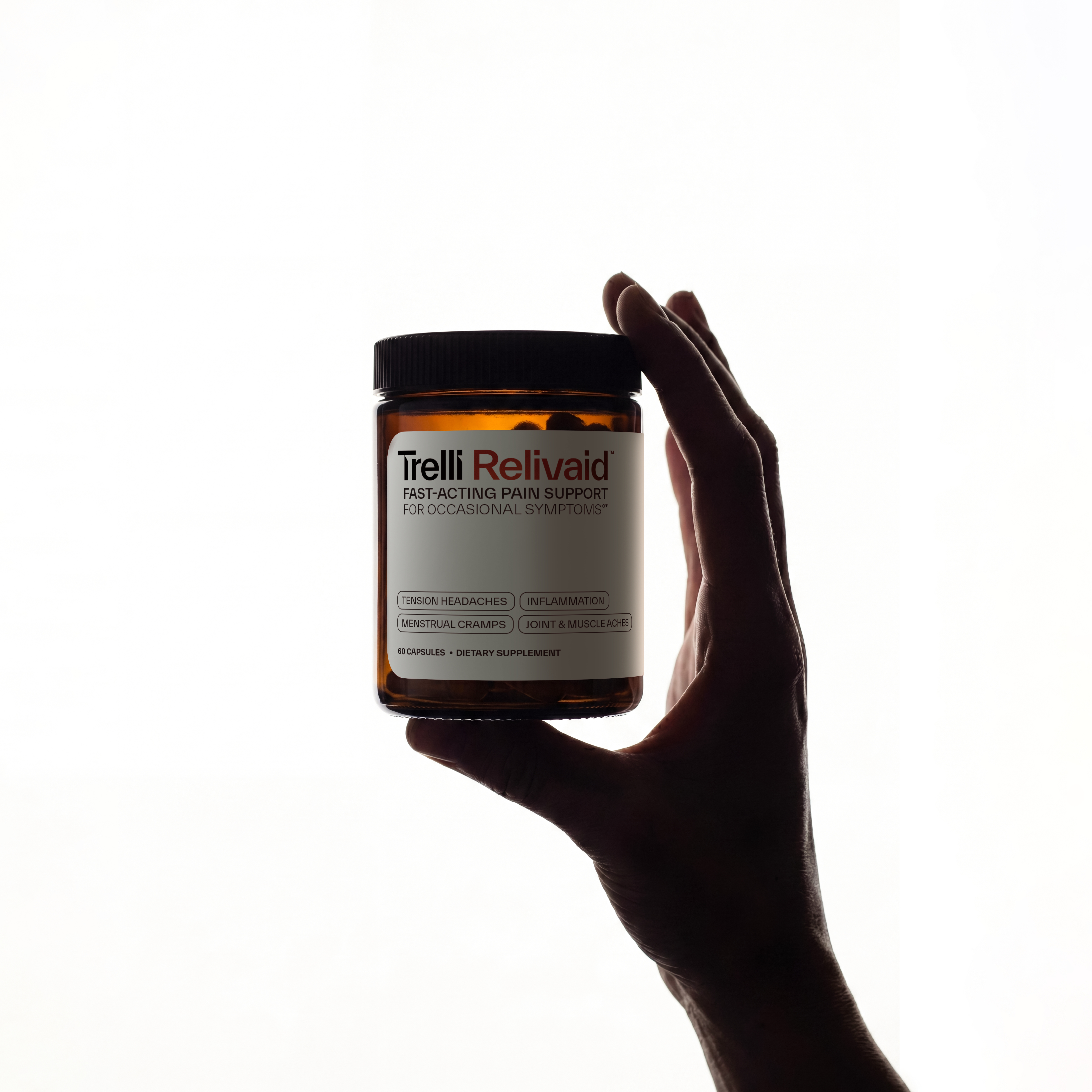 A silhouetted hand holds a bottle of Trelli Relivaid pain support supplement against a white background.