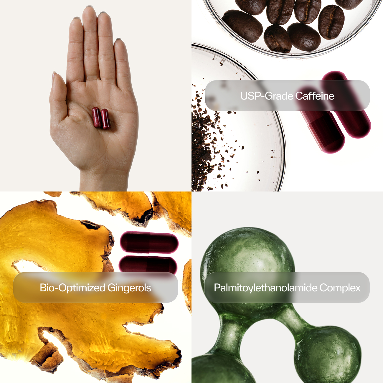 A collage showing supplement ingredients including caffeine and ginger, with a hand holding two red capsules.