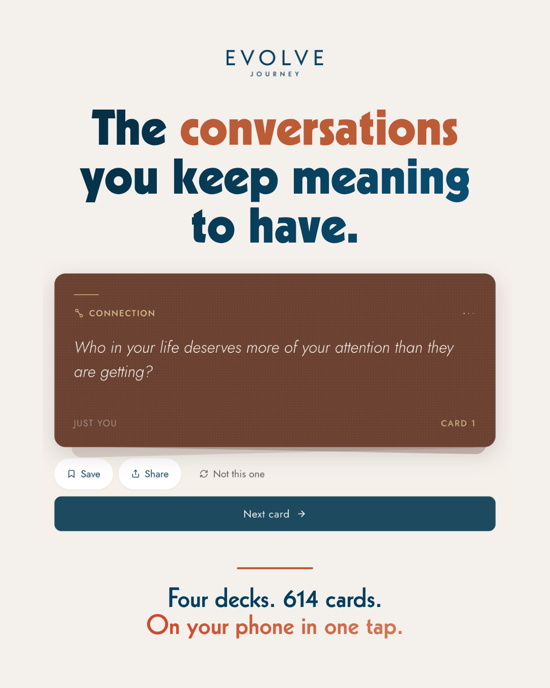 Screenshot of the Evolve Journey app, showing a digital card with a conversation-starting question.