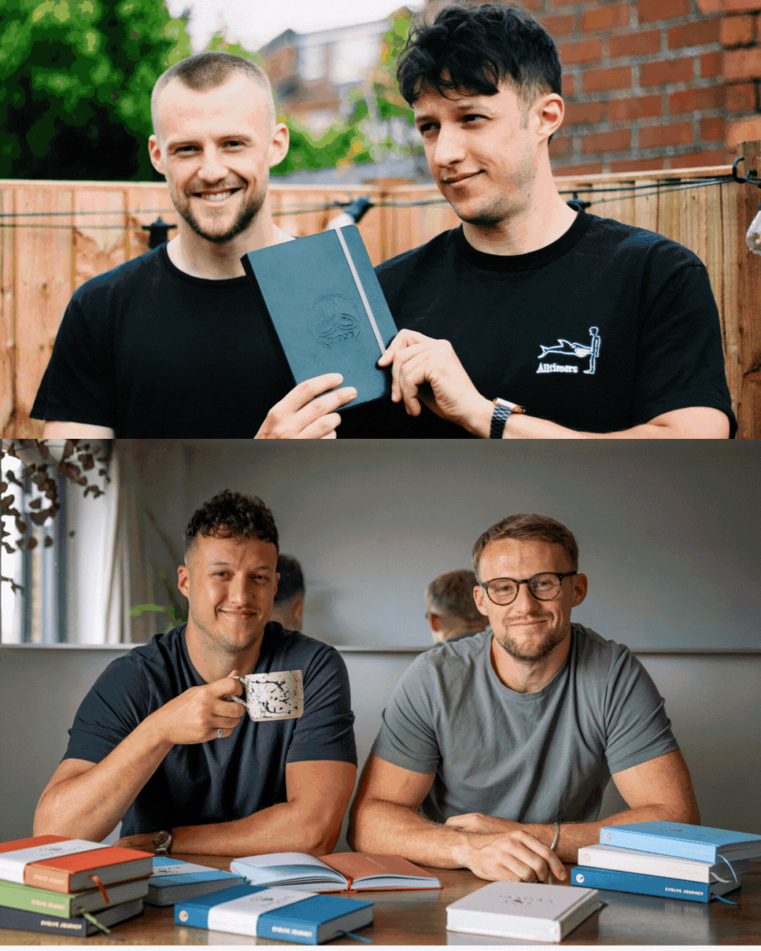 Two photos of two men posing with books and a mug on a table.