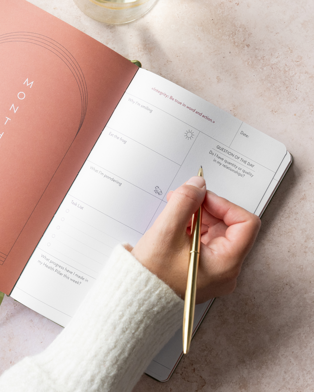 Green palm leaf beside blank white cards on a plain background.