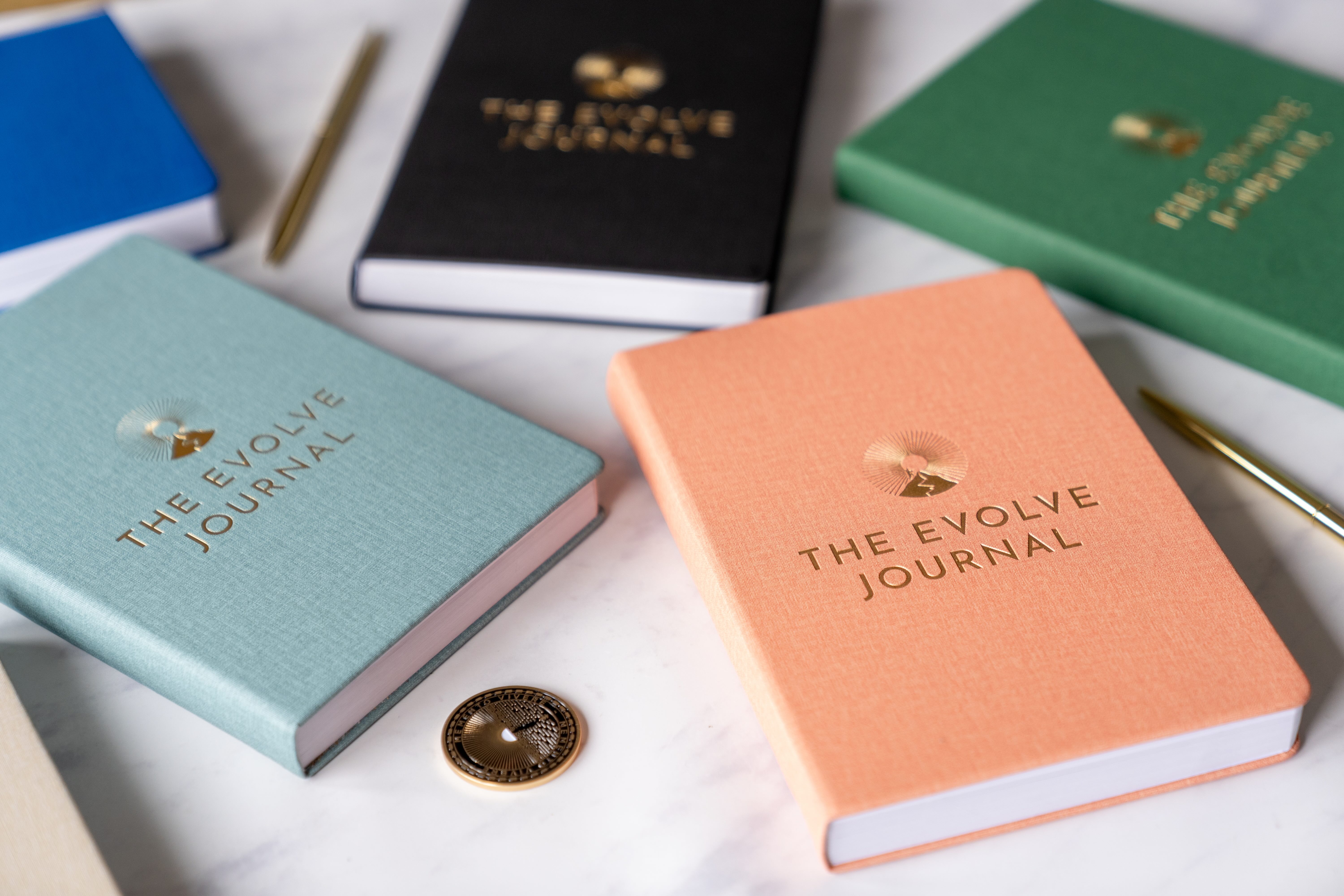 Colorful journals titled 'The Evolve Journal' on a marble surface with pens.