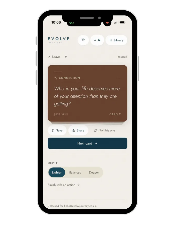 Evolve Conversation Cards app on a phone screen showing a journalling prompt