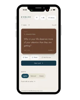 A smartphone screen displaying the Evolve Journey app, showing a self-reflection question card about connection.