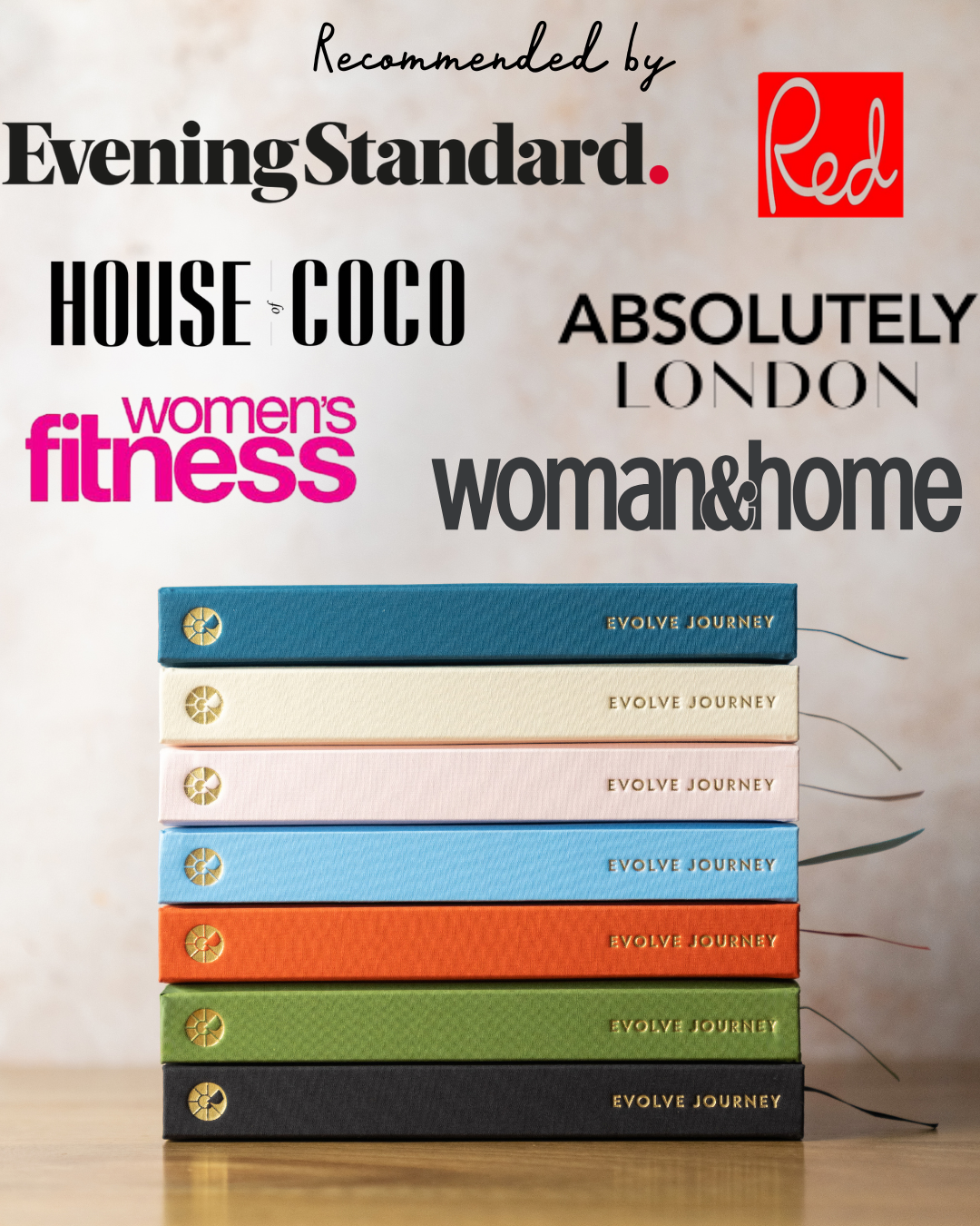Stack of colorful notebooks and logos of various publications.